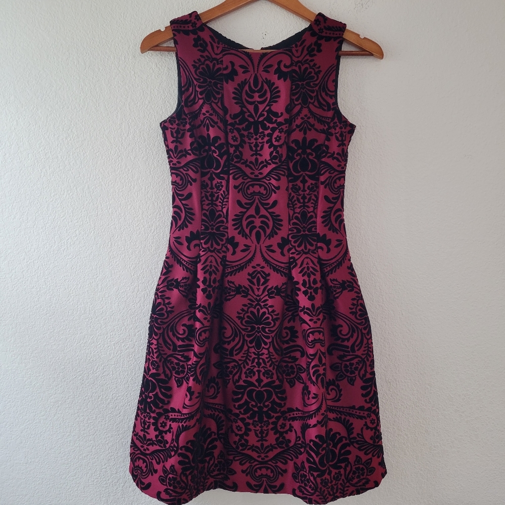 danny and nicole Gorgeous Burgundy and Black Fit and Flare Dress With Pockets 4